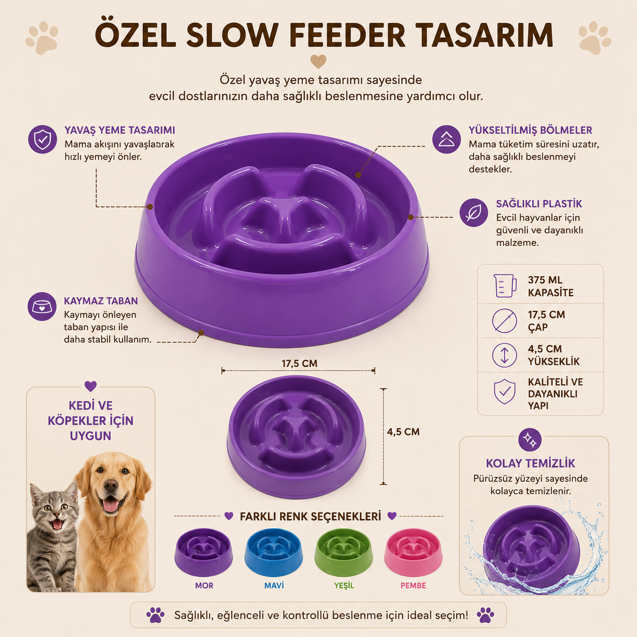 Kedi Köpek Yavaş Yeme Kabı 375 ML Slow Feeder Sindirim Dostu Anti Boğulma Mama Kabı (Kopya)
